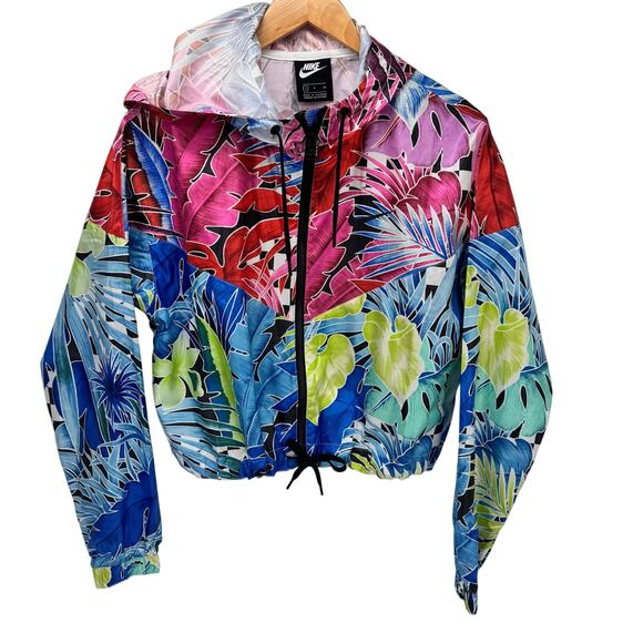 Nike Jacket Womens Small Cropped Hooded Full Zip Lightweight Windrunner Floral - Picture 1 of 8